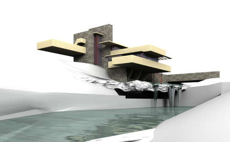 落水荘カウフマン邸は ピッツバーグの南東地方南西ペンシルバニア州 43 マイル 69 の Km の 1935 年の建築家フランク ロイド ライトによって設計家 4 家がミルを実行 セクションで実行するクマに滝上部分的造られました の写真素材 画像素材 Image