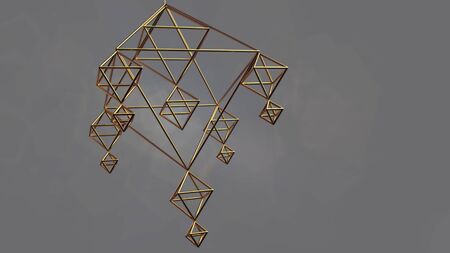Sacred pyramidal shape. gold mesh in the shape of a pyramid. the rotation of the crystal lattice. bg for your design 3d render Stock Photo