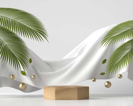 Abstract wooden platform podium showcase for product display with palm leaves 3d render