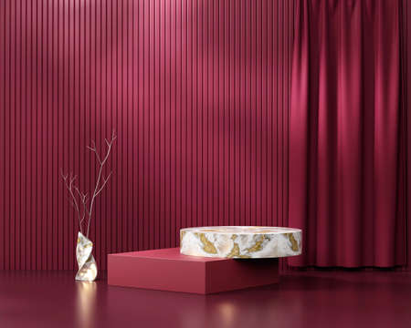 Abstract still life elegance red podium platform product showcase with curtain 3d rendering Banco de Imagens