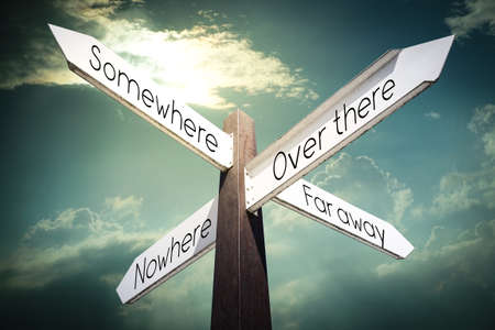 Somewhere, nowhere, over there, far away concept - signpost with four arrows