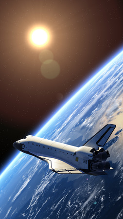 スペースシャトルの雲を飛んでいます 3 D シーン の写真素材 画像素材 Image