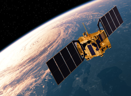 communication satellite orbiting earth realistic 3d scene stock