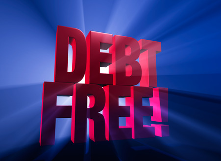 Viewed at a dramatic angle, a bold, red \"DEBT FREE!\" stands on a dark blue background brilliantly backlit with light rays shining through. - 33405400