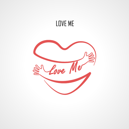 恋に落ちる タイポグラフィデザイン要素と手を抱きしめる赤いハートの形 抱擁と自分自身を愛しサイン 健康とハート ケアのアイコン ハッピーバレンタインデーのコンセプト ヘルスケアと医療の概念 ベクトルイラストのイラスト素材 ベクタ Image