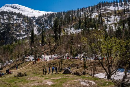 Manali, himachal pradesh, india - may 01, 2019 : photo of tourist and vehicle in gulaba. road to rohtang pass in himalayas Stock Photo