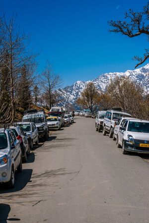 Manali, himachal pradesh, india - may 01, 2019 : photo of tourist and vehicle in gulaba. road to rohtang pass in himalayas Stock Photo