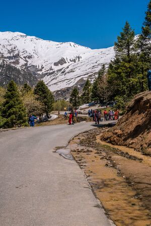 Manali, himachal pradesh, india - may 01, 2019 : tourist enjoying in gulaba. road to rohtang pass in himalayas, india Stock Photo