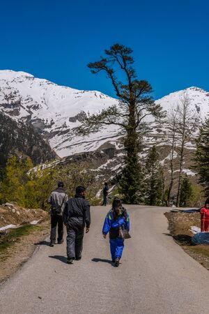 Manali, himachal pradesh, india - may 01, 2019 : tourist enjoying in gulaba. road to rohtang pass in himalayas, india