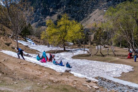 Manali, himachal pradesh, india - may 01, 2019 : tourist enjoying in gulaba. road to rohtang pass in himalayas, india Stock Photo