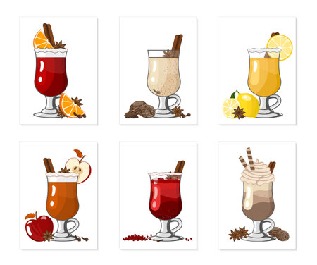 Winter Alcoholic Hot Drinks And Cocktails - Mulled Wine, Grog, Eggnog, Ginger Ale, Hot Buttered Rum, Punch, Mulled Apple Cider, Chocolate With Liqueur On White Background, Vector Illustration