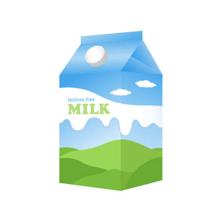 Cardboard rectangular small milk box packaging with pattern of meadows sky and clouds and inscription lactose free milk vector illustration on white background