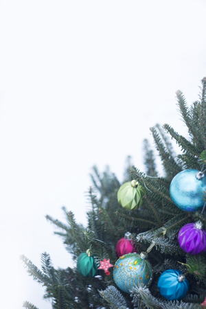 An Outside Christmas Tree Decorated With Bright Balls Made Of Glass Against White Background The An Outside Christmas Tree Decorated With Bright Balls Made Of Glass Against White Background The