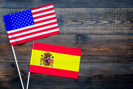 American and spanish flags top view copy space