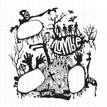 かわいいゾンビとモンスターのベクトル イラスト クールなかわいい手描きコレクション並んでスケッチ ブックの紙のイラストをノートの落書きのデザイン要素を設定 のイラスト素材 ベクタ Image