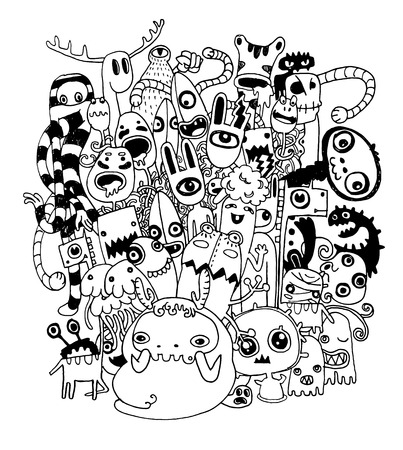 モンスターとかわいい外国人友好的なクールなかわいい手描きのモンスター コレクション 並んでスケッチ ブックの紙のイラストをノートの落書きのデザイン要素のベクトル イラストのイラスト素材 ベクタ Image