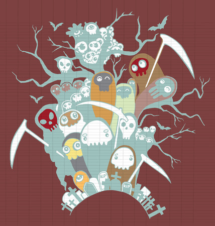 手の描かれたかわいい死スケルトン文字と鎌 ハロウィーンに適したなし スタイルを落書き 紙のノートにペン ベクトルの図 のイラスト素材 ベクタ Image