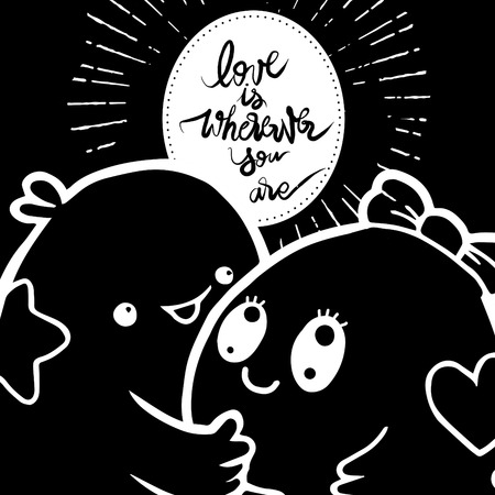 ヴィンテージ手書きレタリング バレンタインデーの挨拶印刷 落書き怪獣愛好家のためのかわいいモンスター恋人とロマンチックな引用 ベクトル タイポグラフィ ポスター書道 愛はどこにいても の碑文のイラスト素材 ベクタ Image