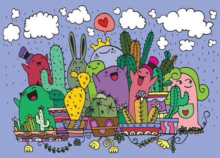 サボテン鉢落書きでかわいいモンスターのベクター イラストを手します のイラスト素材 ベクタ Image