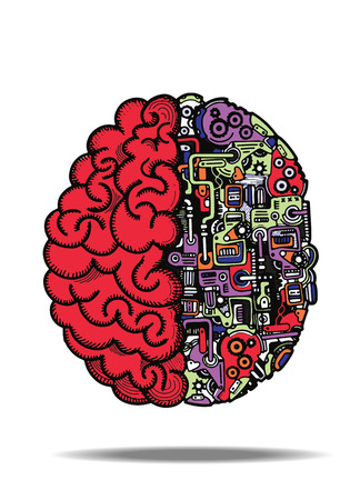 手には 詳細な結合された人間の脳と自動計算エンジン装置で機械人間脳のベクトル イラストが描かれました のイラスト素材 ベクタ Image