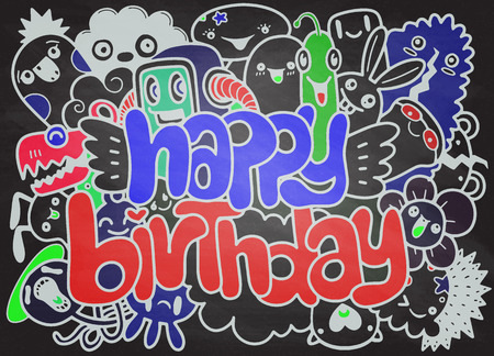 Birthday party hand drawn doodles elements background ,handwritten lettering. Happy Birthday greeting card. Monster Doodle for your design Vector Illustration