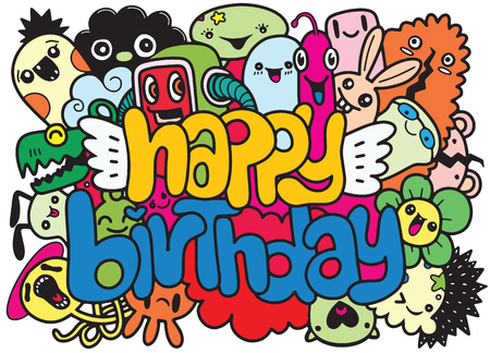 誕生日パーティーの手描きの落書き要素の背景 手書きのレタリング 誕生日おめでとうグリーティングカード あなたのデザインのためのモンスター落書きのイラスト素材 ベクタ Image 誕生日パーティーの手描きの落書き要素の背景 手書きのレタリング 誕生日おめでとうグリーティングカード あなたのデザインのためのモンスター落書きのイラスト素材 ベクタ Image