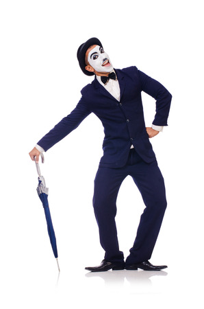 Funny man with umbrella on white