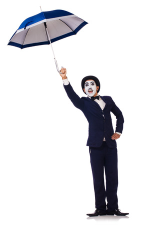 Funny man with umbrella on white