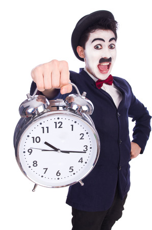 Funny man with clock on white