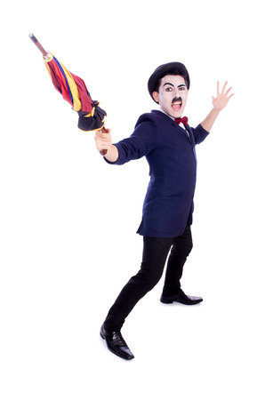 Funny man with umbrella on white