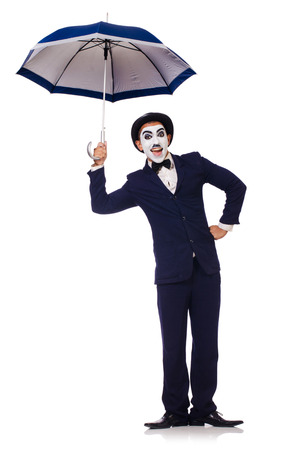 Funny man with umbrella on white