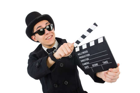 Man with movie clapper isolated on white