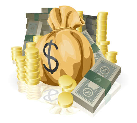 Bag of gold coins: Cọc tiền dưới hình thức tiền mặt và vàng đồng xu, với túi tiền lớn.
