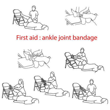 First aid bandage in case of injury of the ankle joint vector illustration outline sketch hand drawn with black lines isolated on white background