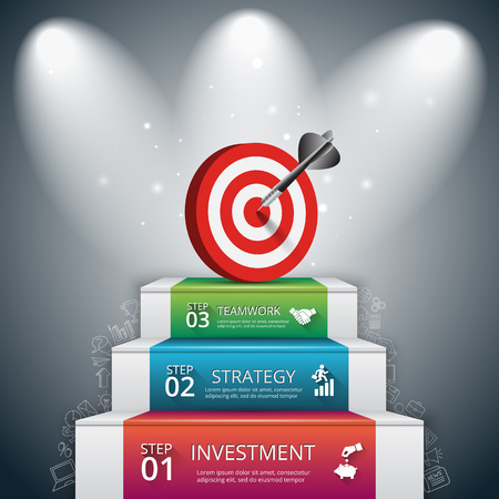 Vector illustration of 3 steps to success with target and dart. Can be used for infographic, banner, diagram, step up options. Doodles icons set.