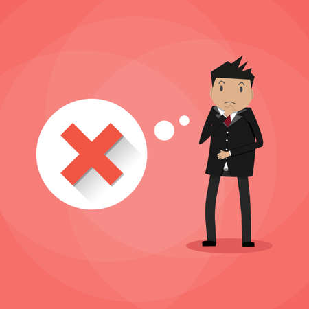 赤十字マークと悲しい漫画実業家と思想バブル 悪い考え 間違った決定 不適切な選択の概念 赤の背景にフラットなデザインのベクトル図のイラスト素材 ベクタ Image 赤十字マークと悲しい漫画実業家と思想バブル 悪い考え 間違った決定 不適切な選択の概念 赤の背景にフラットなデザインのベクトル図のイラスト素材 ベクタ Image