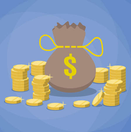 Bag of gold coins: money bag and stacks of gold coins. vector illustration in flat design on blue background Hình minh hoạ