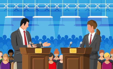 Male and female candidates at rostrums with microphones. politics discussing between man and woman. presidential elections concept. political, economic debate. flat design vector illustration Banco de Imagens
