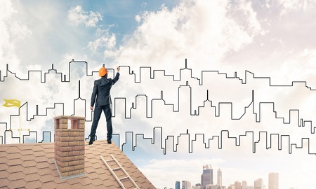 Man Architekt Zeichnen Silhouette Der Modernen Stadt Am Blauen