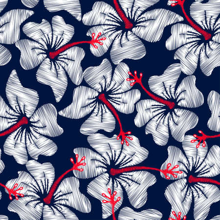 White hibiscus tropical embroidery floral seamless pattern . Иллюстрация