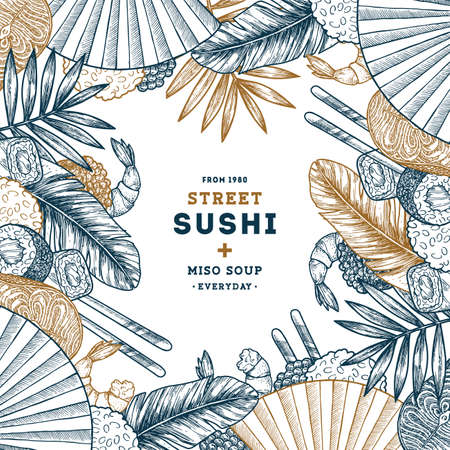 寿司フレームイラスト アジアの食べ物の背景 ベクトル図のイラスト素材 ベクタ Image