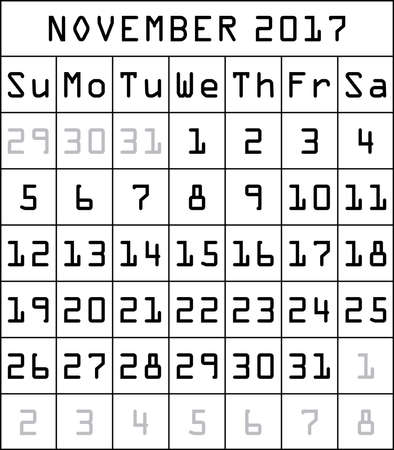 2017 calendar black on white month of november vector