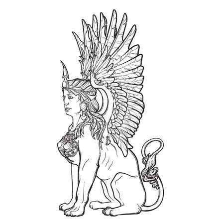 Sitzen Sphinx Antike Griechische Fabelwesen Mit Schonen Frau Torso Lowenkorper Und Adlerflugel Heraldische Fan Skizze Auf Weissem Hintergrund Eps10 Vektor Illustration Lizenzfrei Nutzbare Vektorgrafiken Clip Arts Illustrationen Image 60141641