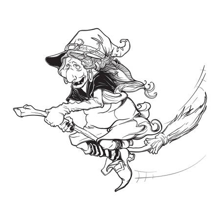 ハロウィーンの魔女がほうきに乗って ハロウィーン キャラクター コンセプト デザイン 黒と白の分離の白い背景をスケッチします コミック スタイル複雑な手描き タトゥーのデザイン Eps10 のベクター イラストです のイラスト素材 ベクタ Image