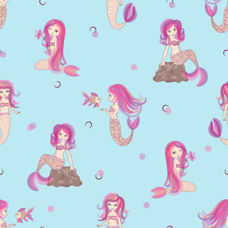 かわいい小さな人魚シームレス パターン キッズ デザインのベクトル青い背景 のイラスト素材 ベクタ Image かわいい小さな人魚シームレス パターン キッズ デザインのベクトル青い背景 のイラスト素材 ベクタ Image