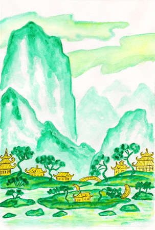 手描きの絵、水彩画、丘や住宅、歴史的な中国美術の伝統風景。の