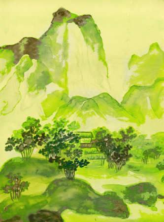 水彩画 山と家の風景　自然　昔の風景　日本の昔の風景 丘罪緑の色、風景画、古代中国の絵画、水彩画の個々 のスタイル