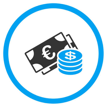 dolar: Euro Coins And Dolar Banknotes glyph icon. Style is bicolor flat circled symbol, blue and gray colors, rounded angles, white background.