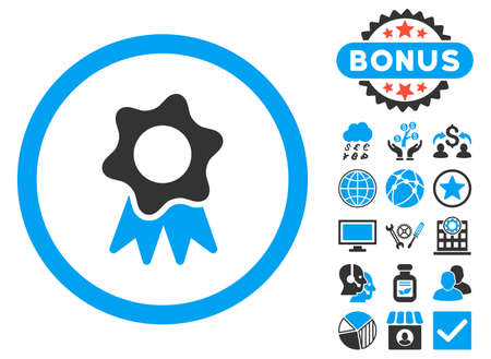 Award Seal icon with bonus elements. Glyph illustration style is flat iconic bicolor symbols, blue and gray colors, white background.