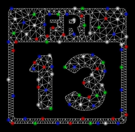 Bright mesh 13 friday calendar page with glare effect. white wire frame triangular mesh in vector format on a black background. abstract 2d mesh created from triangular lines, points,